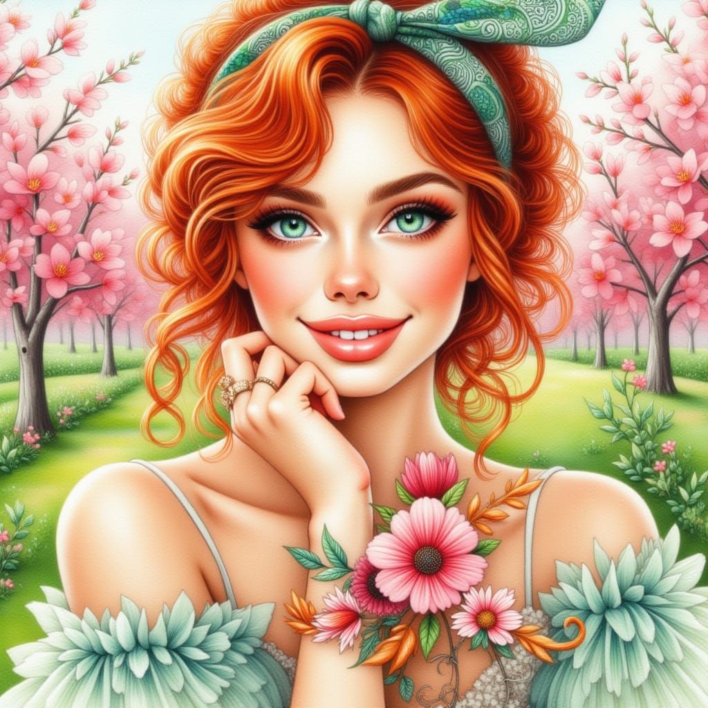 Young Irish Woman in Blossoming Orchard Watercolor Masterpie...