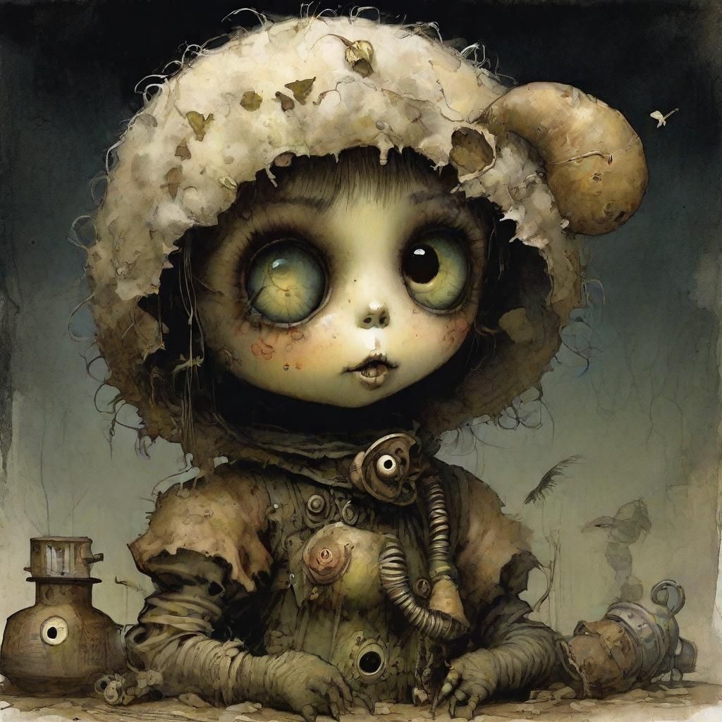 Creepy Cute Doll with Caterpillar, Detailed Illustration