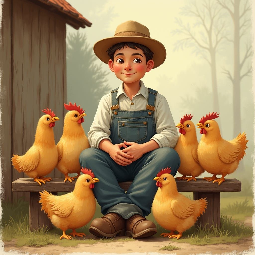 Whimsical Farmer Surrounded by Gentle Chickens in a Folk-Art...