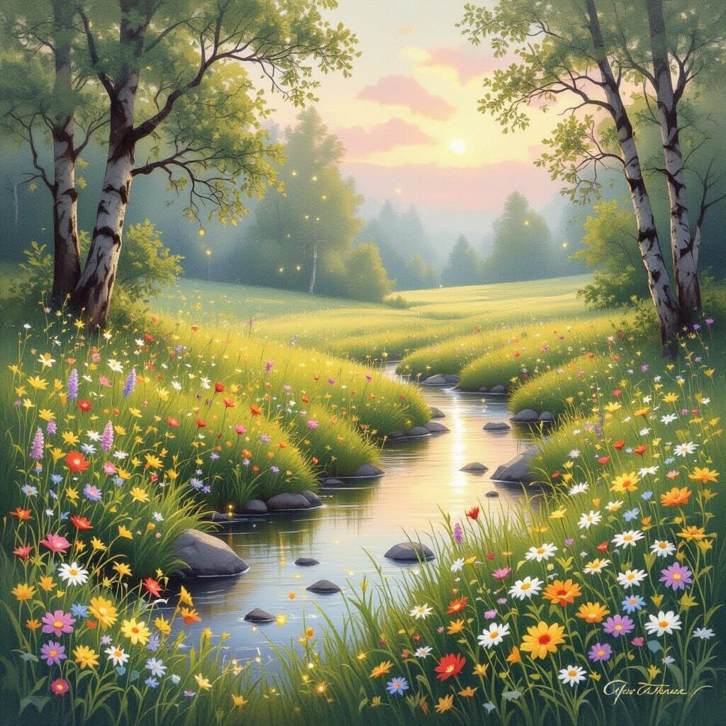 Firefly Meadow in Dreamy Watercolor Style