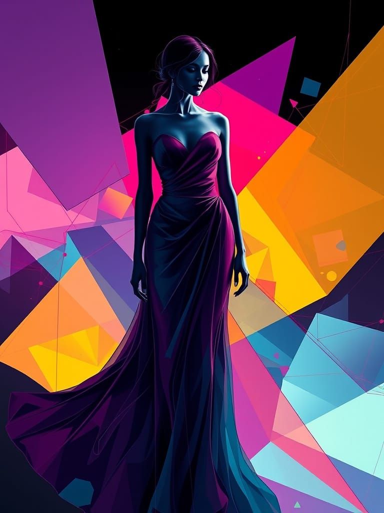 Elegant Woman in Geometric Wireframe Landscape