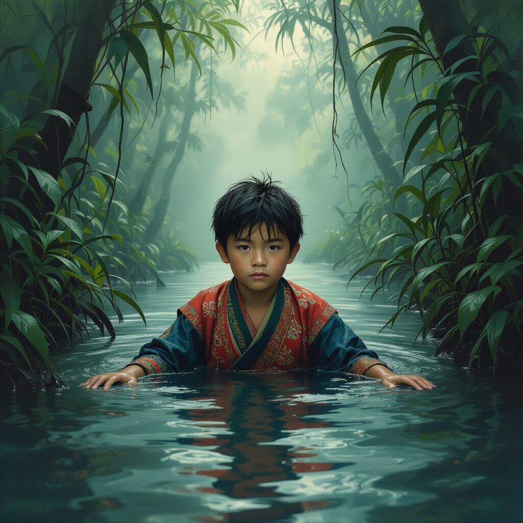 Hmong Boy's Forest Ordeal: A Digital Painting