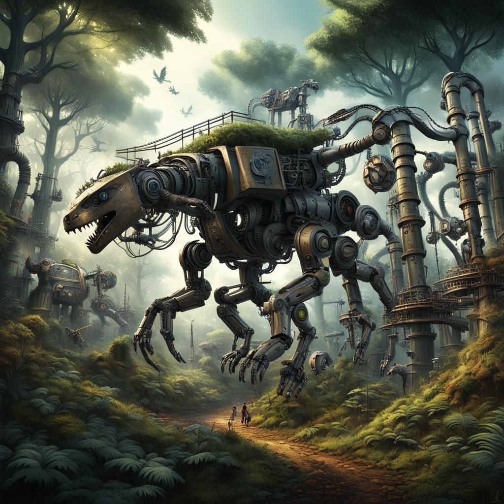 Mechanical Forest with Robot Animals in Detailed Matte Paint...