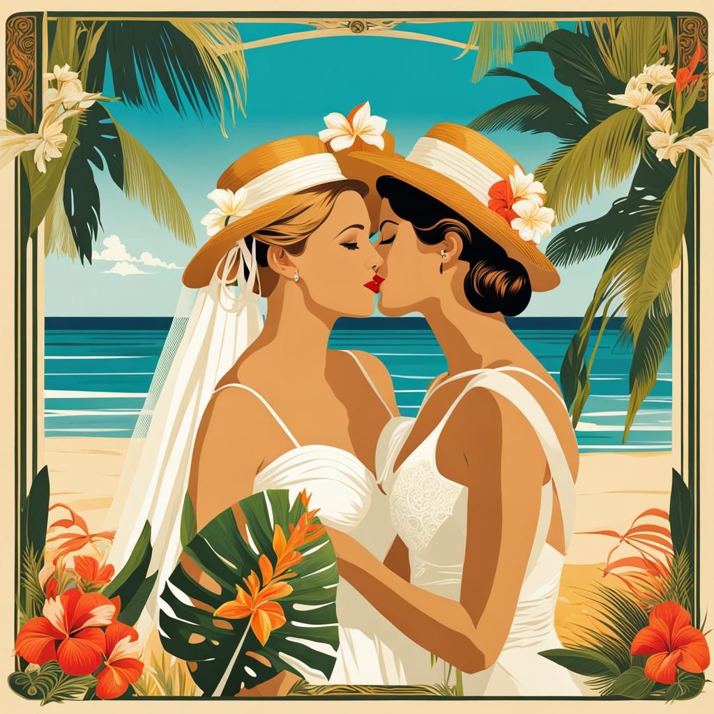 Brides Kissing in a Tropical Paradise