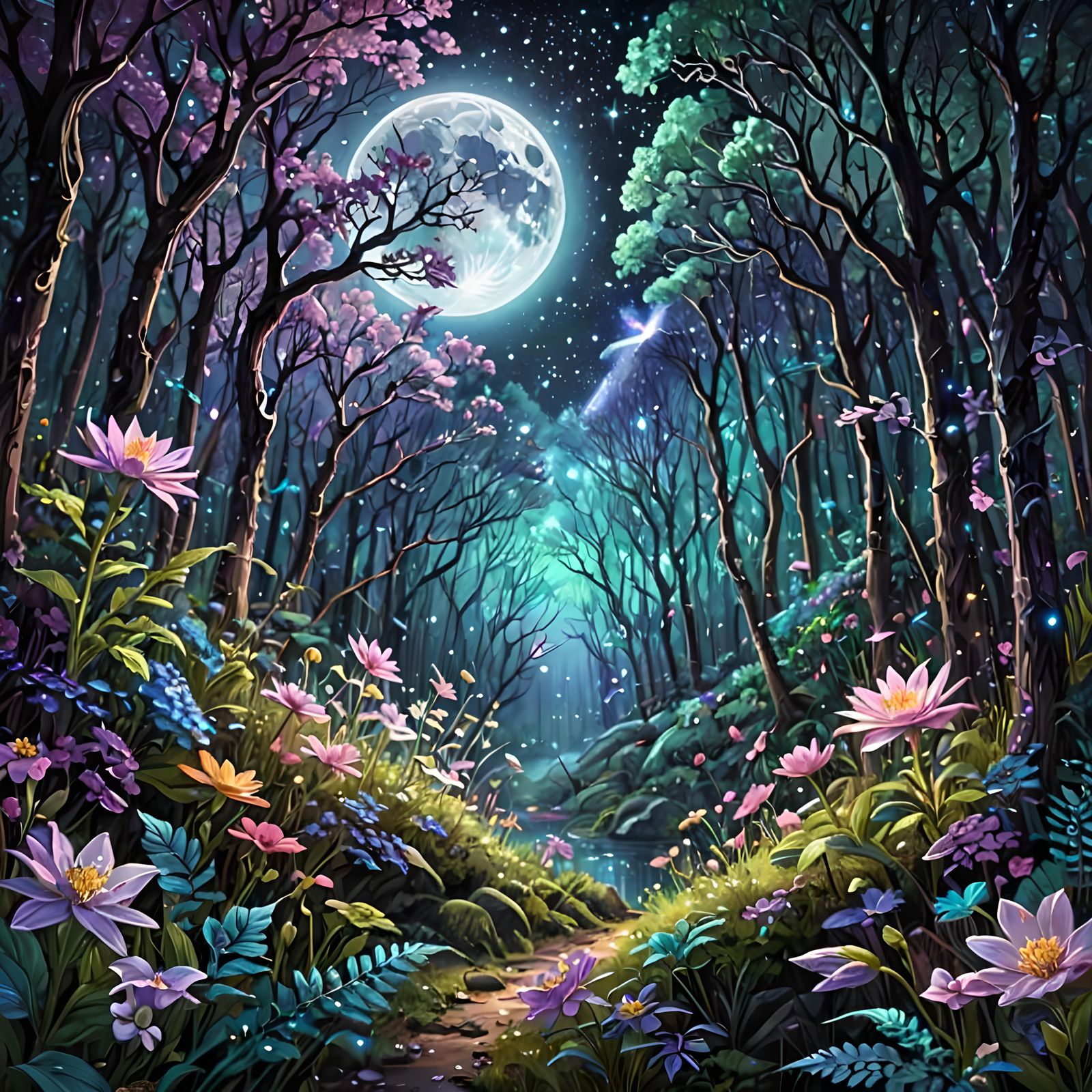 Moonlit Forest: Holographic Astral Illustration