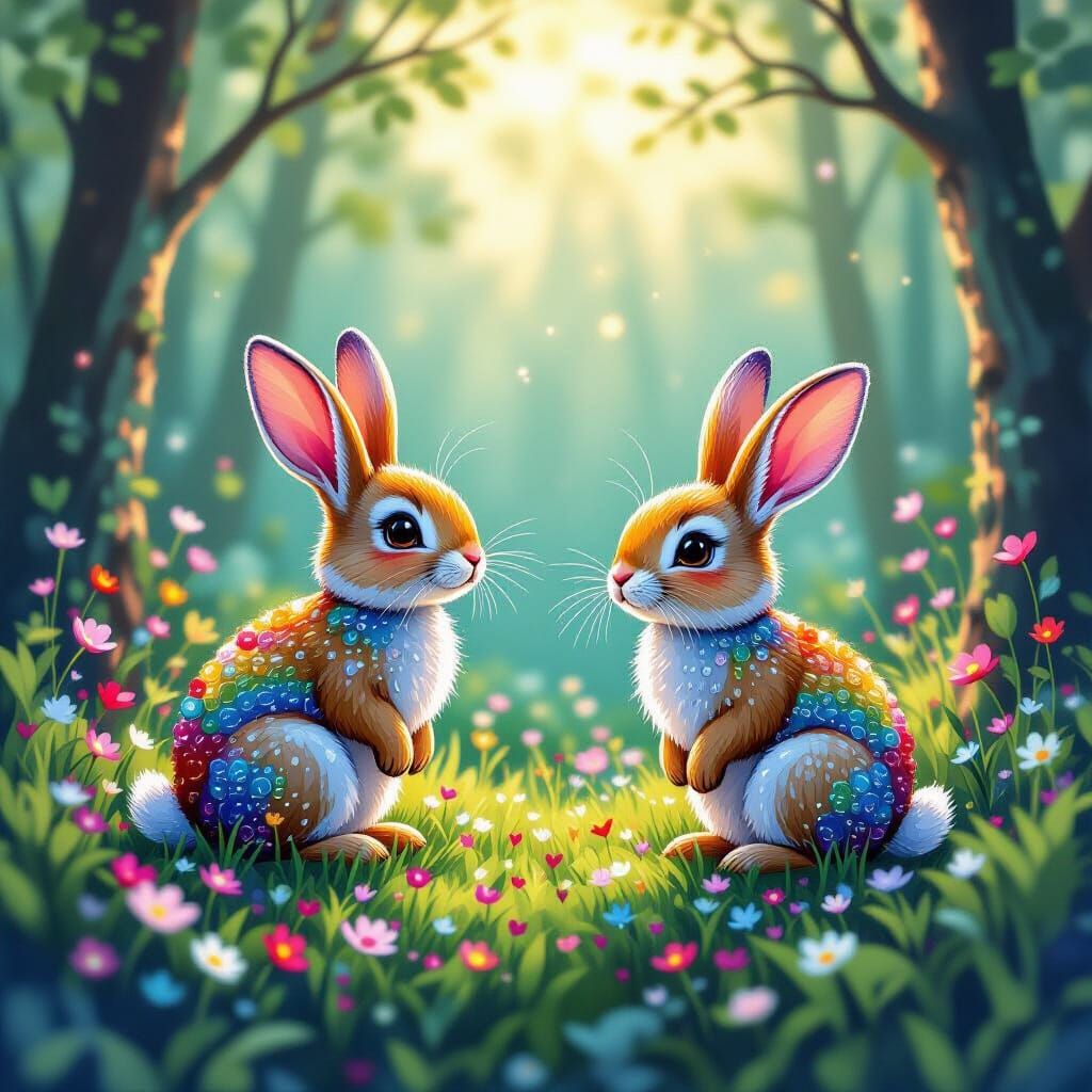 Beaded Forest with Rabbits in 3D Rendered Style