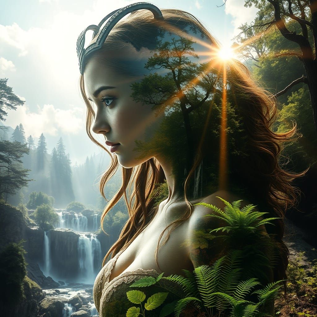 Virgo Zodiac Portrait With Waterfall Landscape