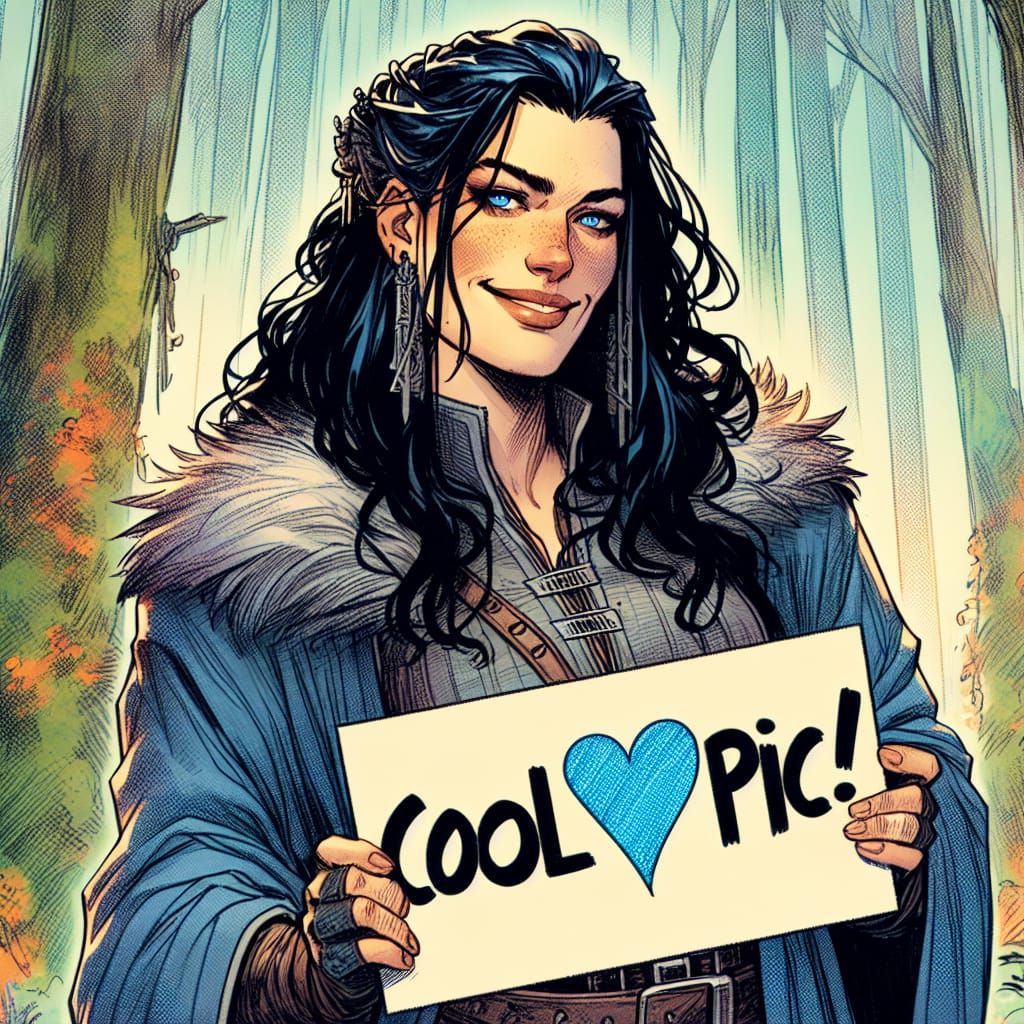 Punk Woman in Forest Holding 'Cool Pic!' Sign
