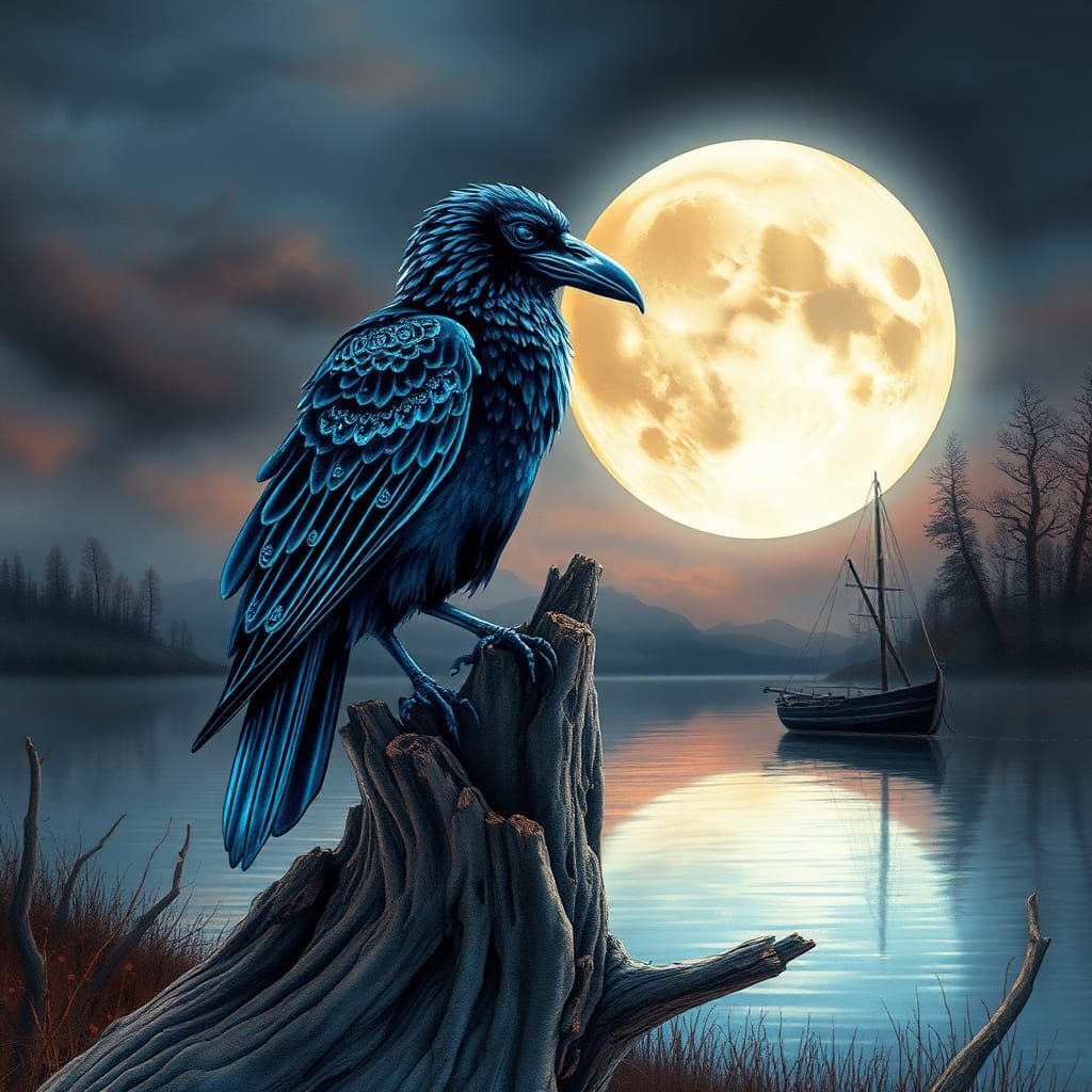 Bioluminescent Glass Raven Perched by Lake, Watercolor Style