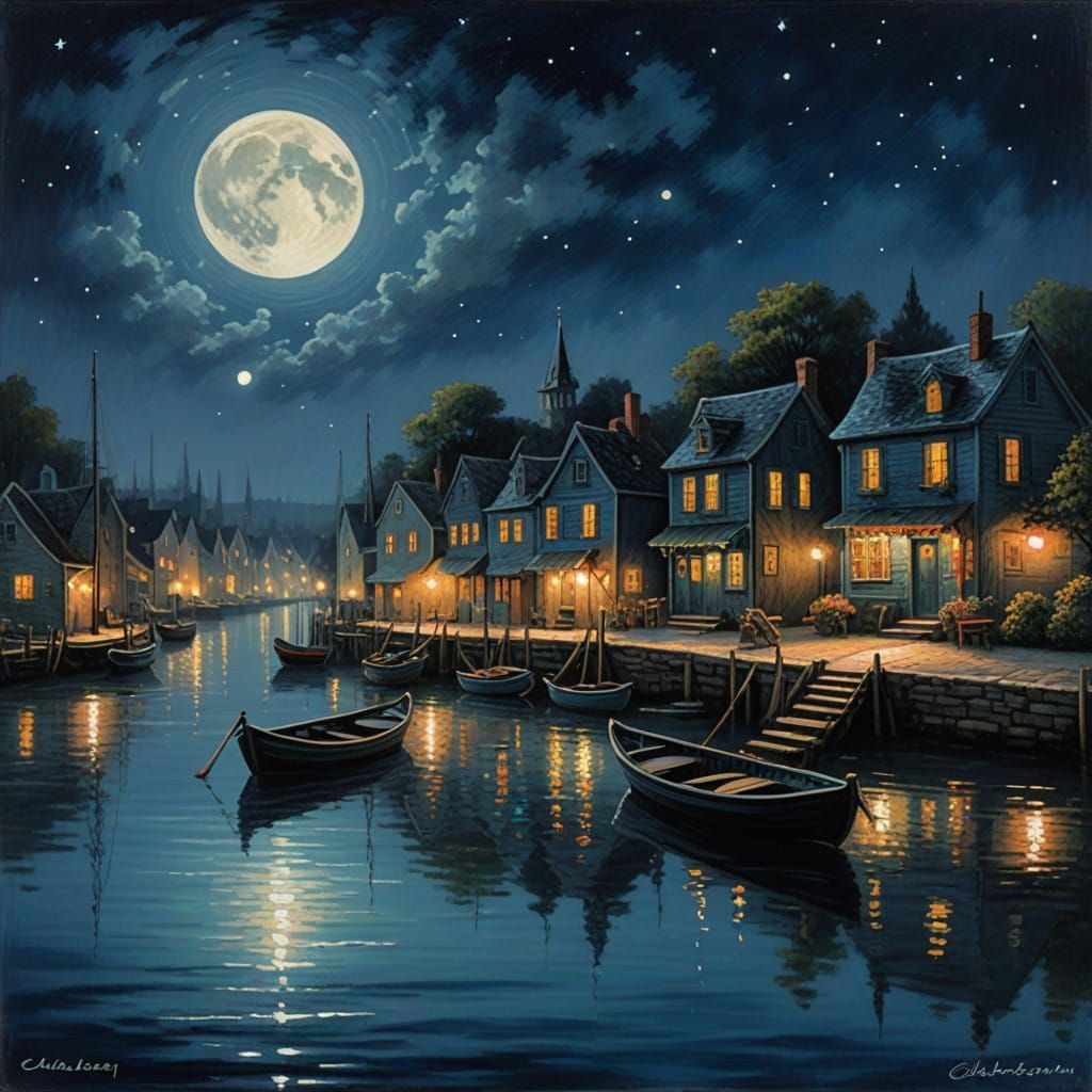 A Moonlit Waterfront Village under the Stars, in Realistic S...