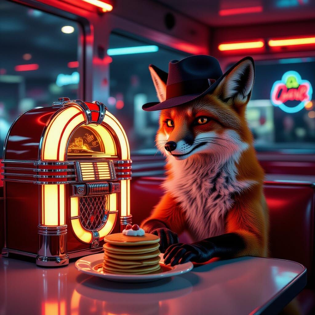 Retro-Futuristic Fox in 1950s Diner