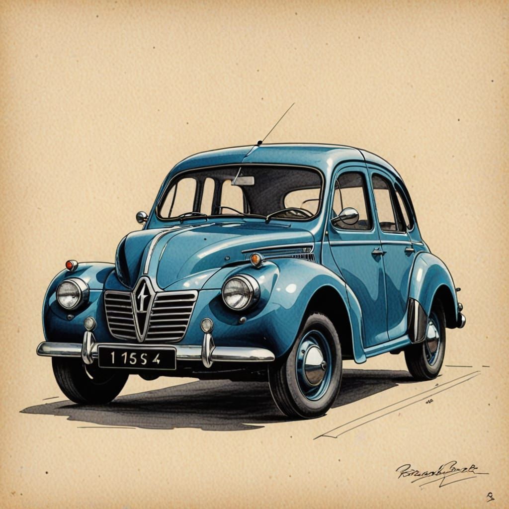 Vintage 1950 Renault 4CV in Diagrammatic Pen and Ink Drawing