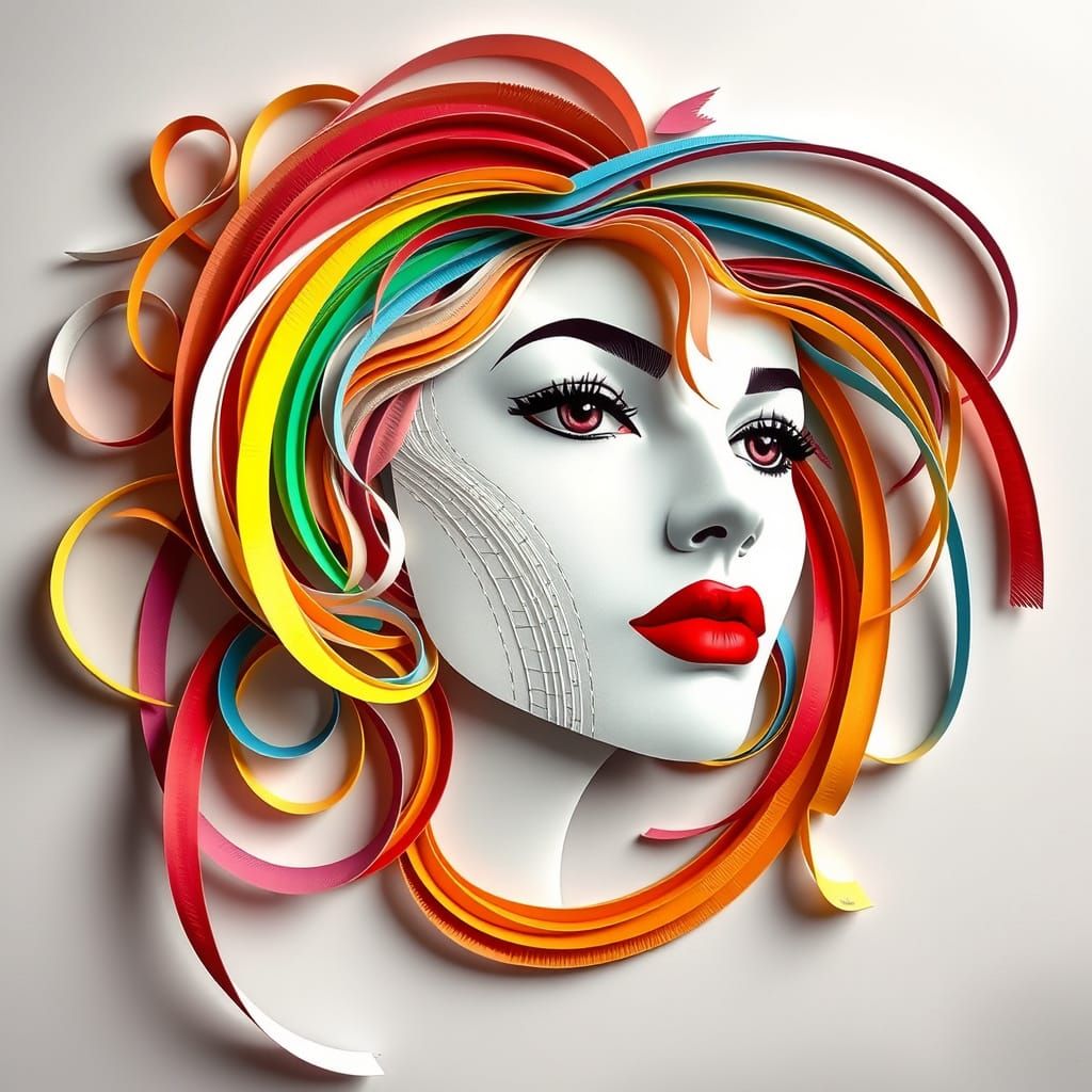 Embossed Rainbow Paper Spirals Around a Woman