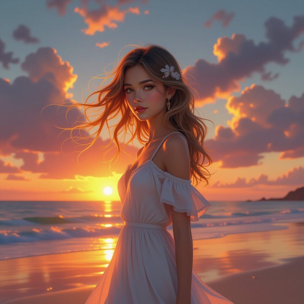 Ethereal Spirit Girl on Sunset Beach Portrait