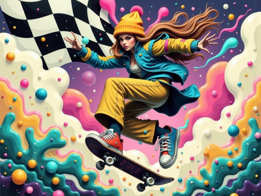 Neon Skater Girl in Retro-Cinematic Style