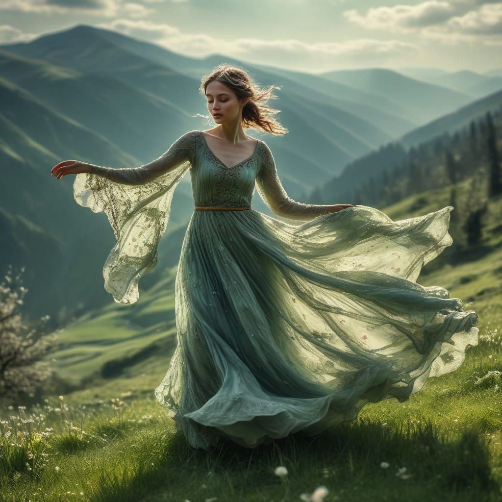 Whimsical Spring Faerie in a Dewy Mountain Valley