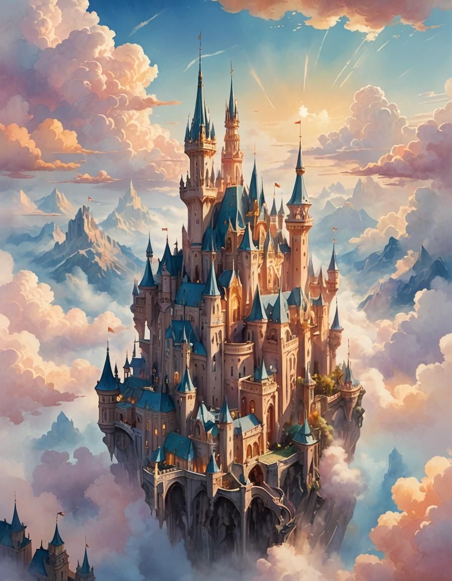 Dreamy Cloud Castle in Watercolor Style