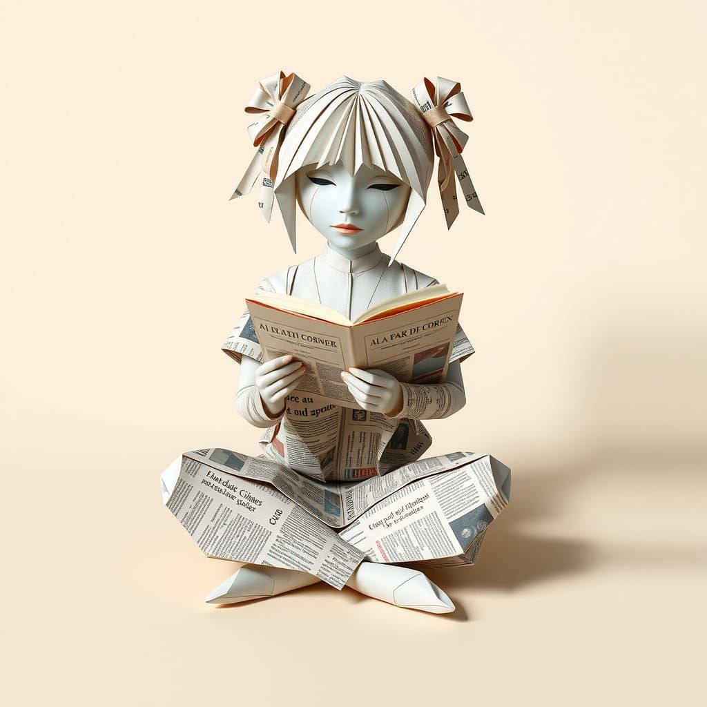 Origami Girl Reading Newspaper: Detailed Digital Artwork
