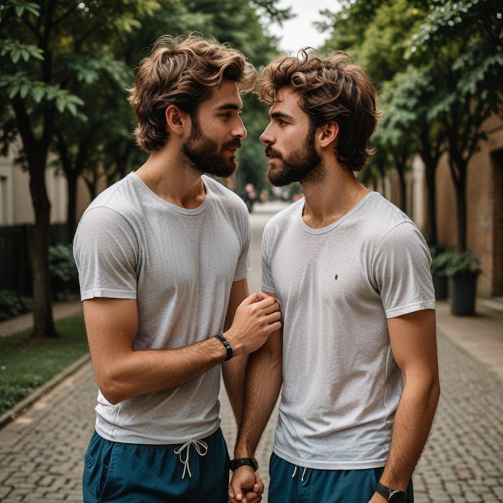 Two Young Men Kissing and Holding Hands