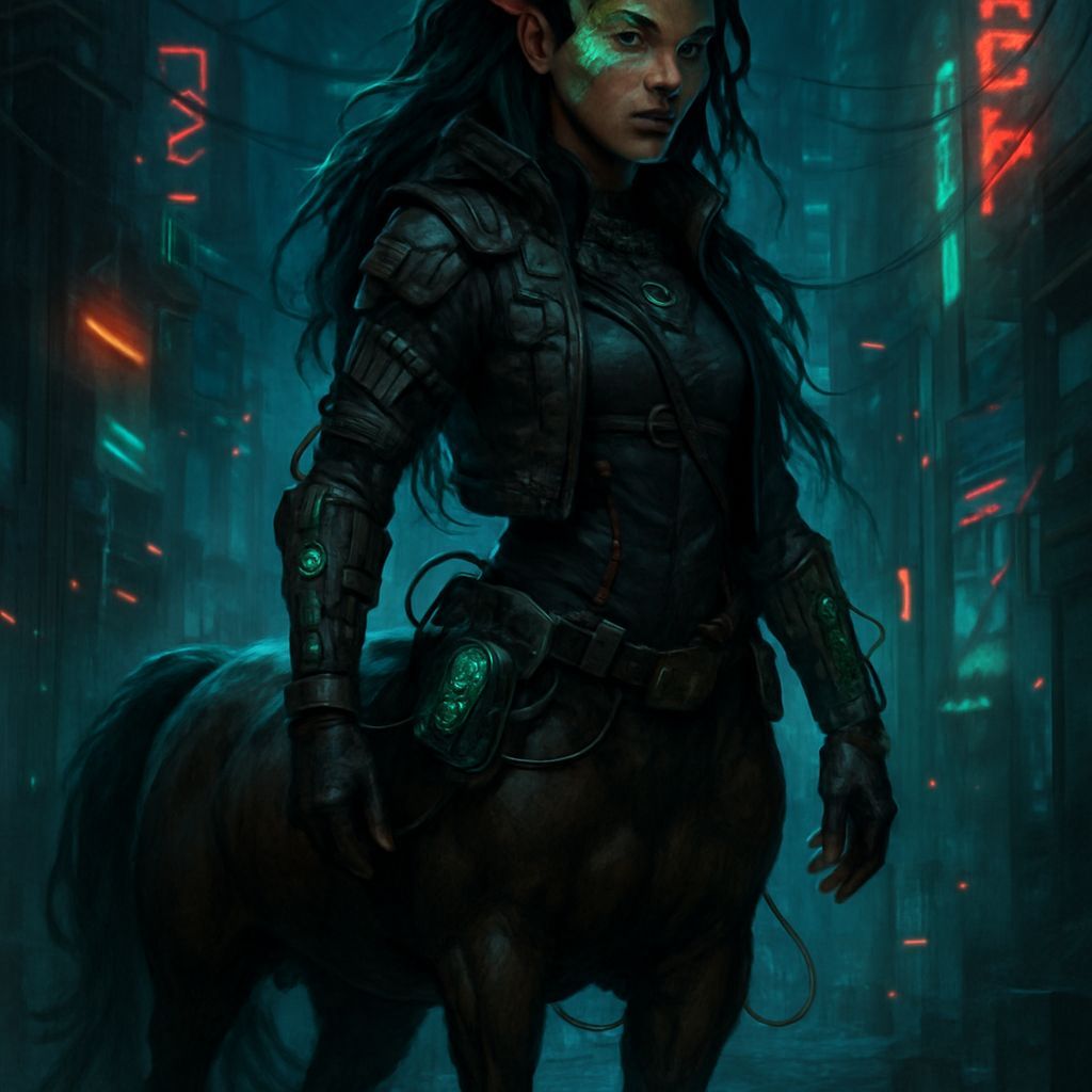 Shadowrun Female Centaur Technomancer in Cyberpunk Style