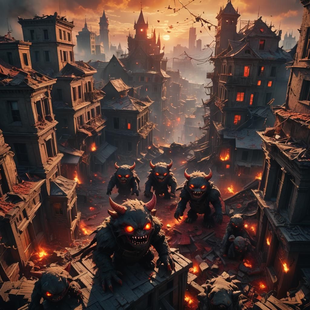 Demonic Plushies Overrun Vibrant City in Dark Fantasy