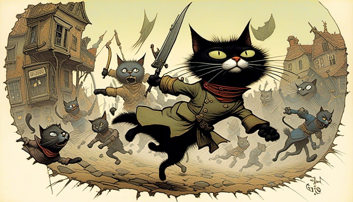 Stealth Assassin Cat Jump in Storybook Style