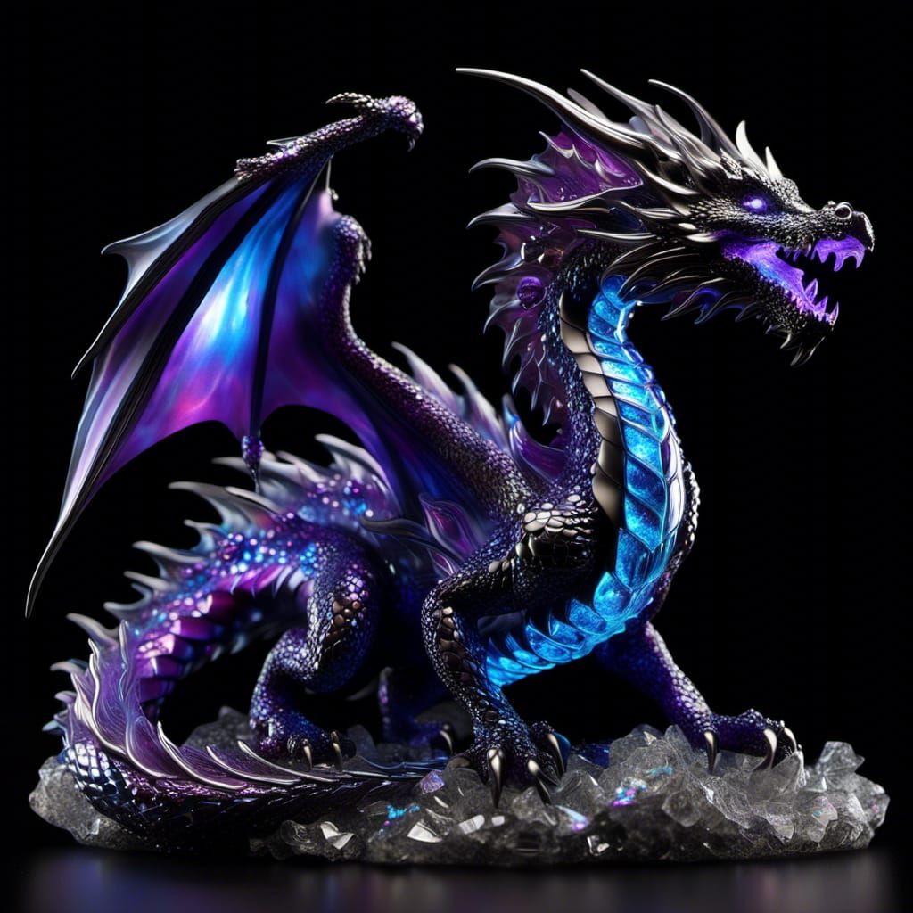 Hyperrealistic Crystal Dragon with Purple Flames and Smoke