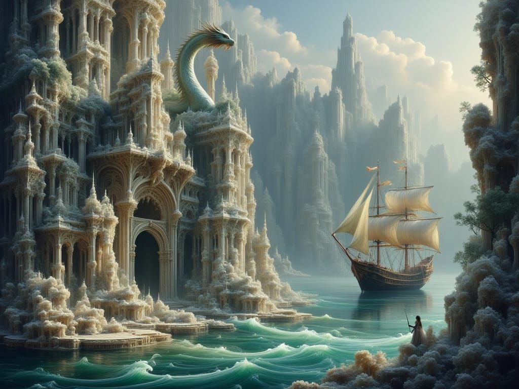 Elven Ship Sails to Dragon Harbor, Digital Art