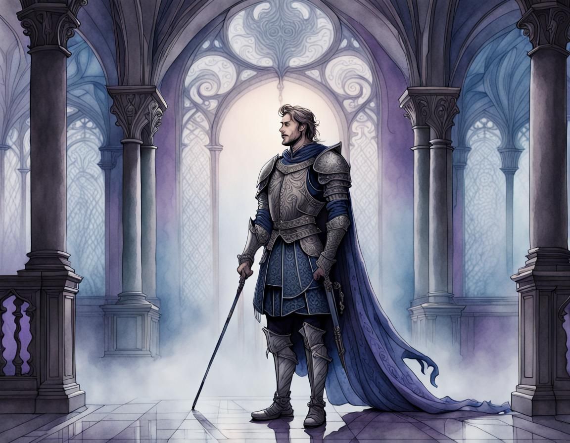 Germanic Royal in Misty Hall: Ink Wash Illustration