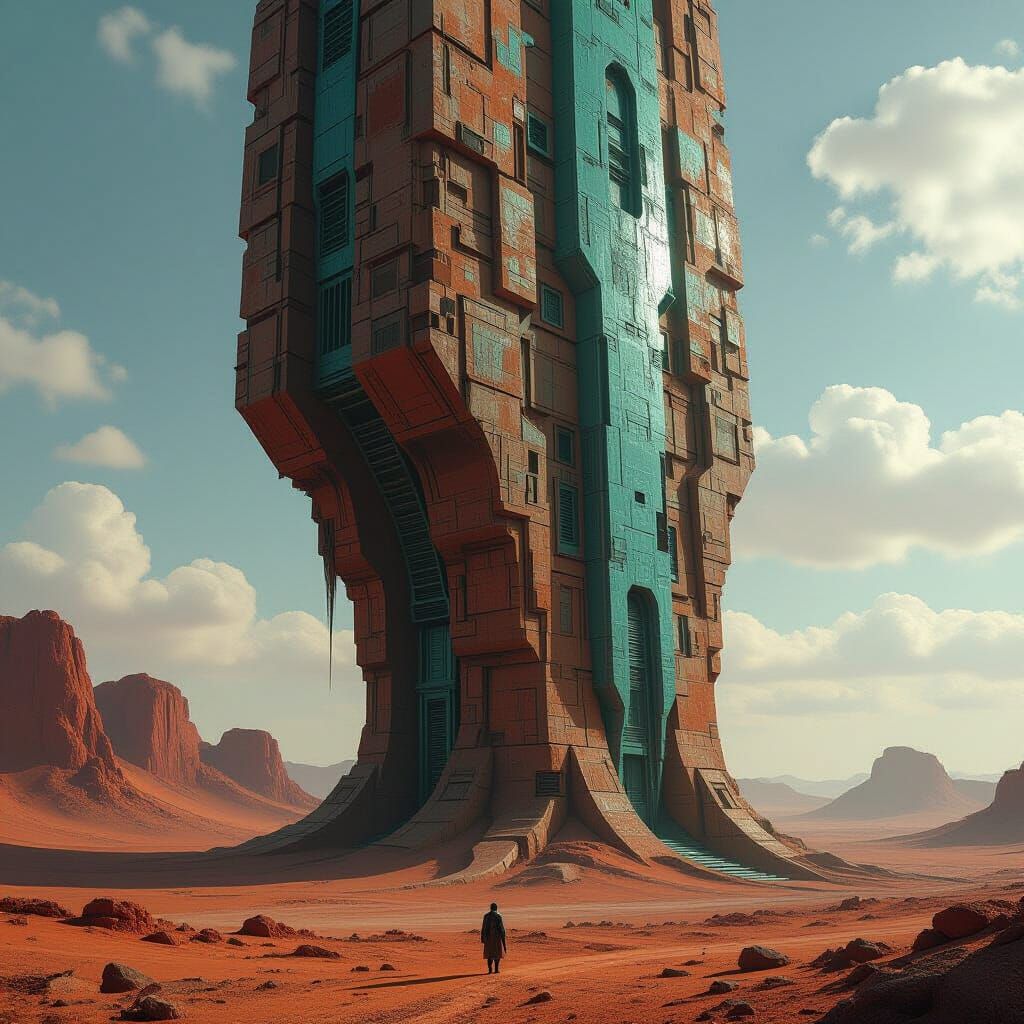 Colossal Biomechanical Tower in Sci-Fi Landscape