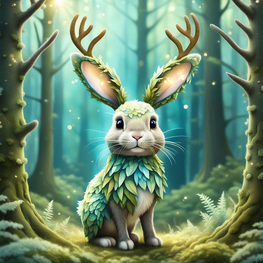 Antlered Bunny in Forest, Folk Art Illustration