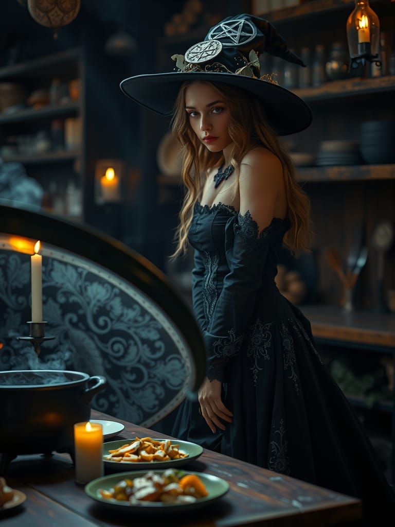 Young Witch in Kitchen, Cinematic Film Still