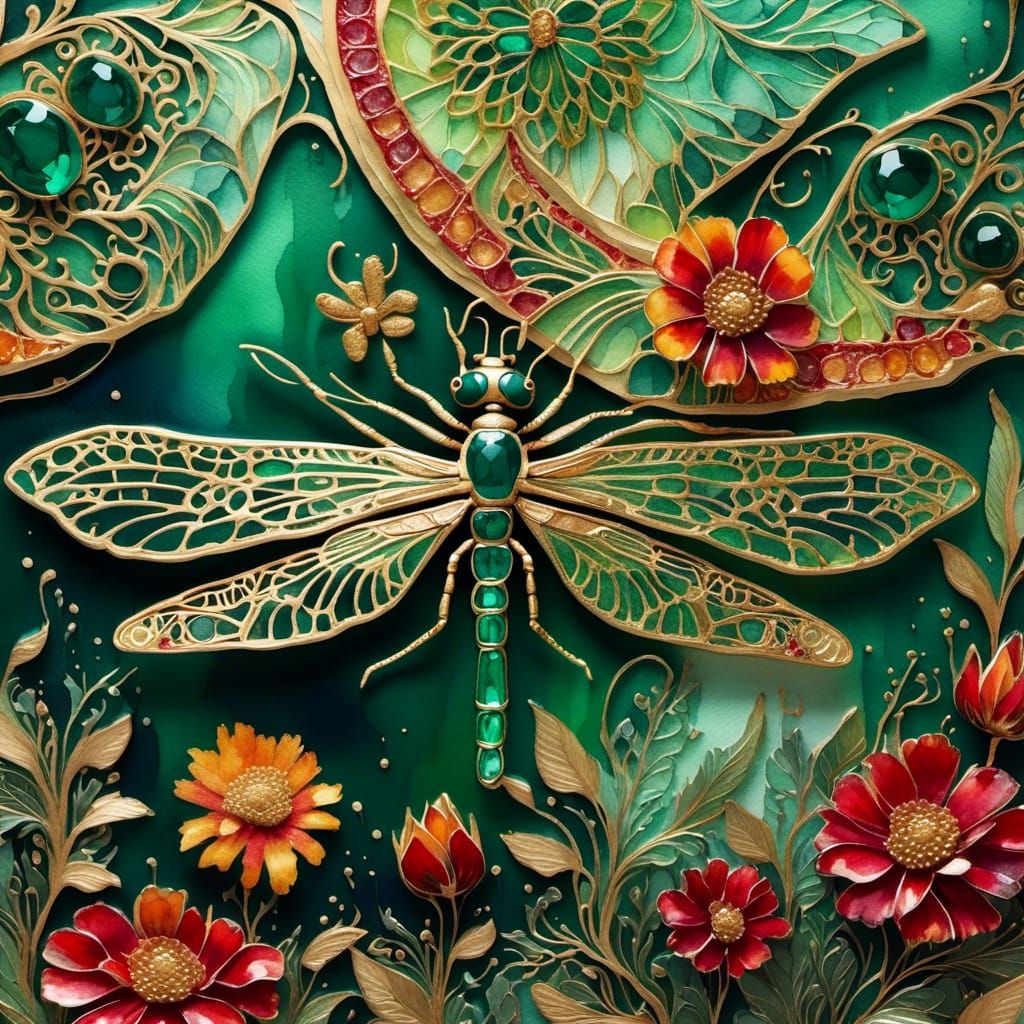Golden Dragonfly on Jewel-Toned Blossom Watercolor