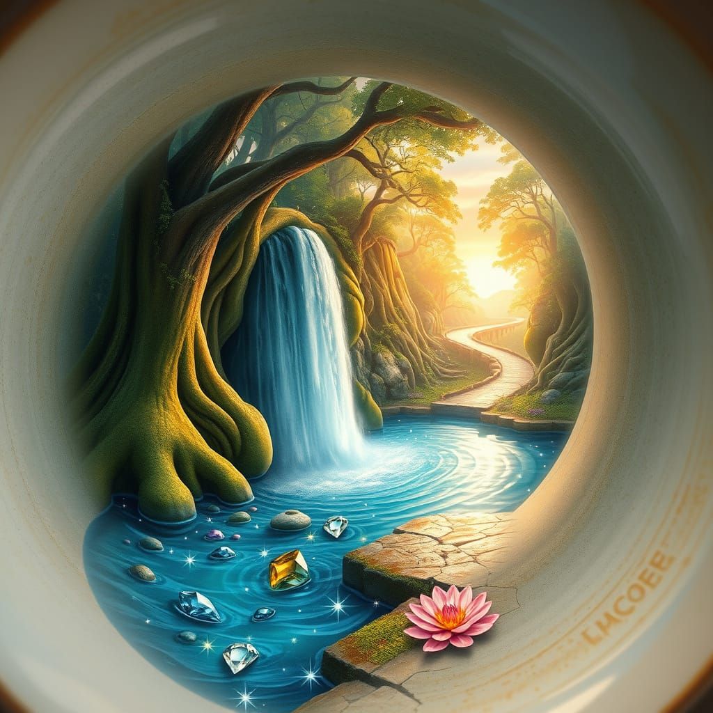 A 3D watercolor masterpiece of a magical landscape within a cup. The landscape features towering trees and a powerful wa...