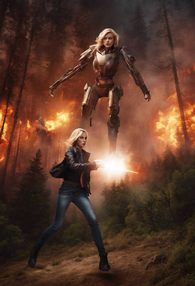 Blonde Time Traveler Running from Alien War Machine