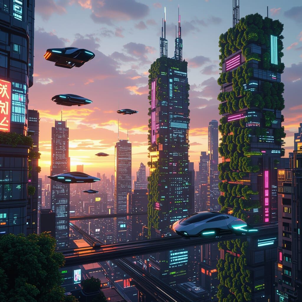 Futuristic Cityscape at Sunset in Cyberpunk Style