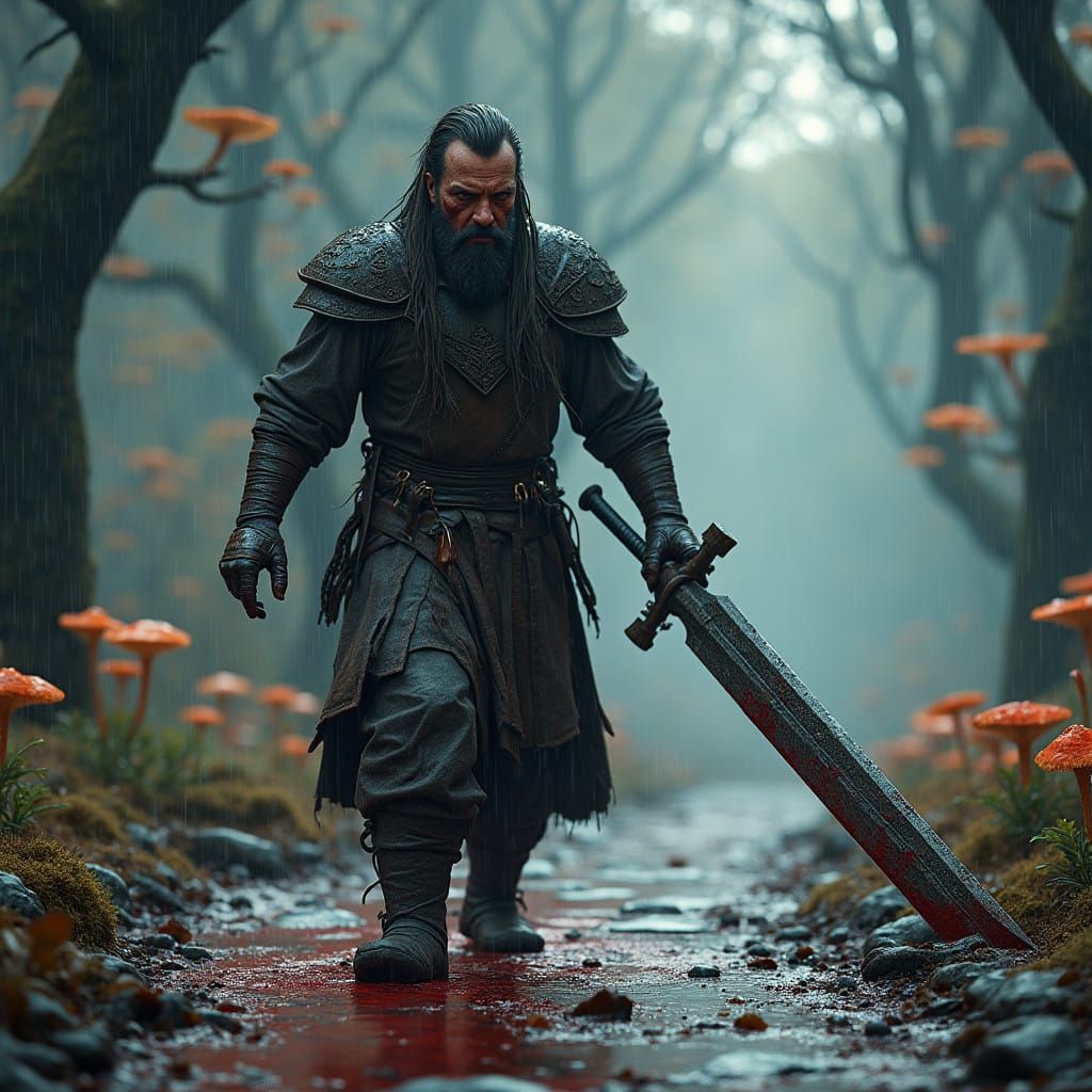 Battle-Scarred Warrior in Ancient Forest