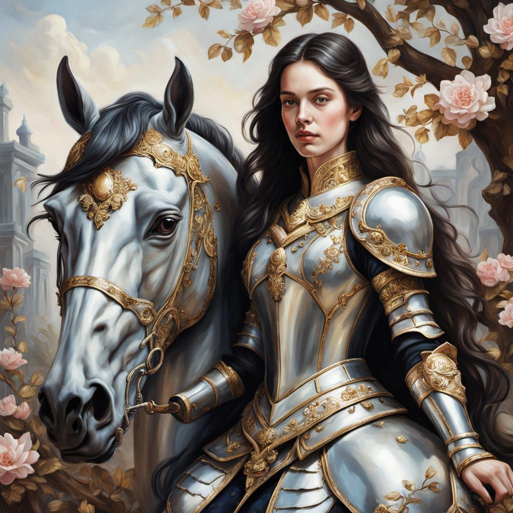 Romantic Woman on Armored Horse as Oil Painting