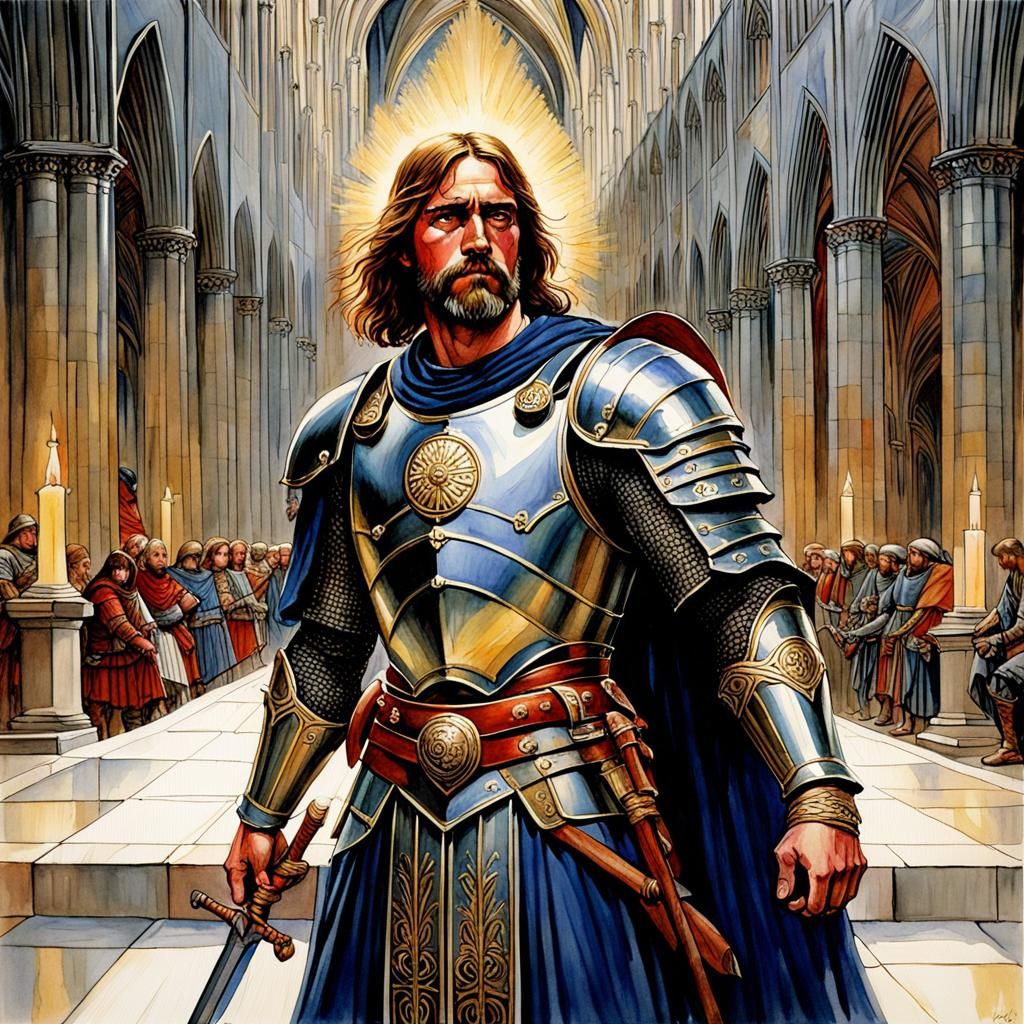 Radiant Paladin Warrior in Cathedral, Watercolor Style