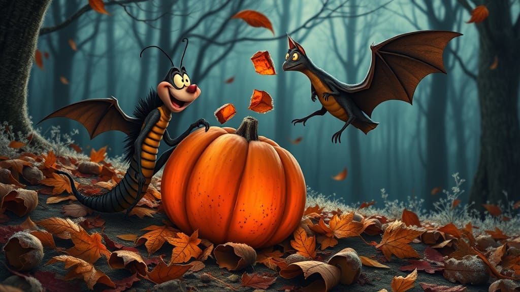 Tim Burton Style Centipede and Bat in Autumn Forest