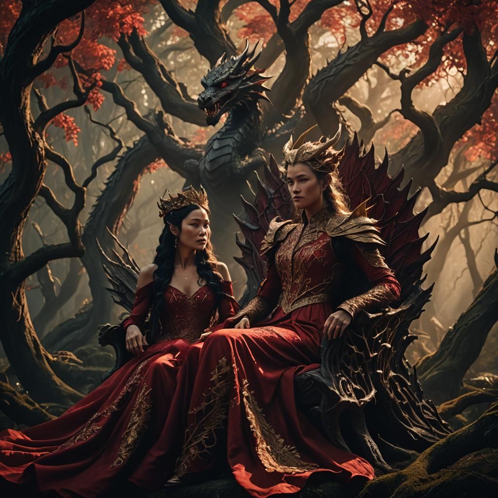 Dragon Queen on Forest Throne in Golden Light