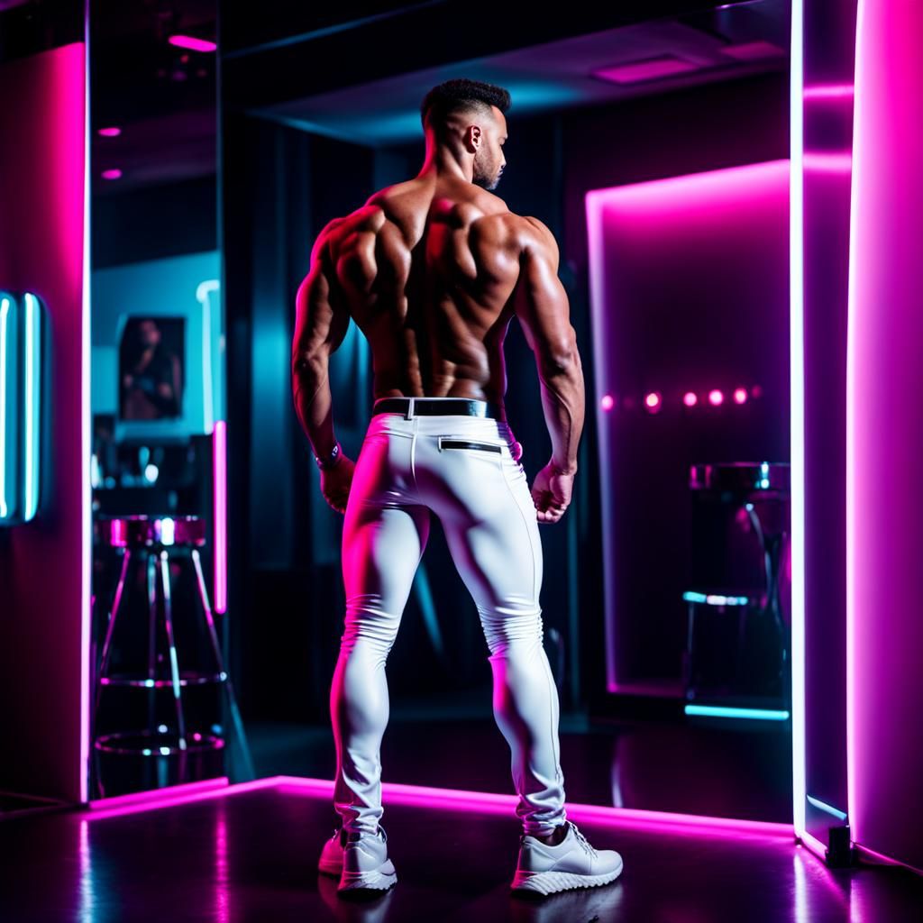 Dramatic Gay Man in Shiny Latex, Dim Pink Neon Light