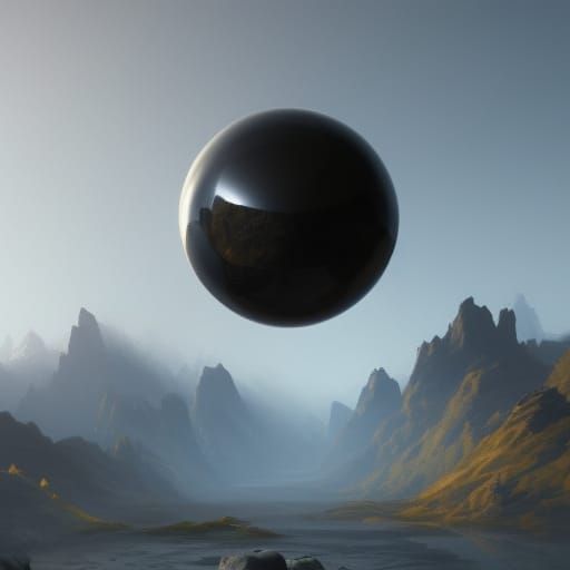 Obsidian Sphere in Landscape, Art Nouveau Style