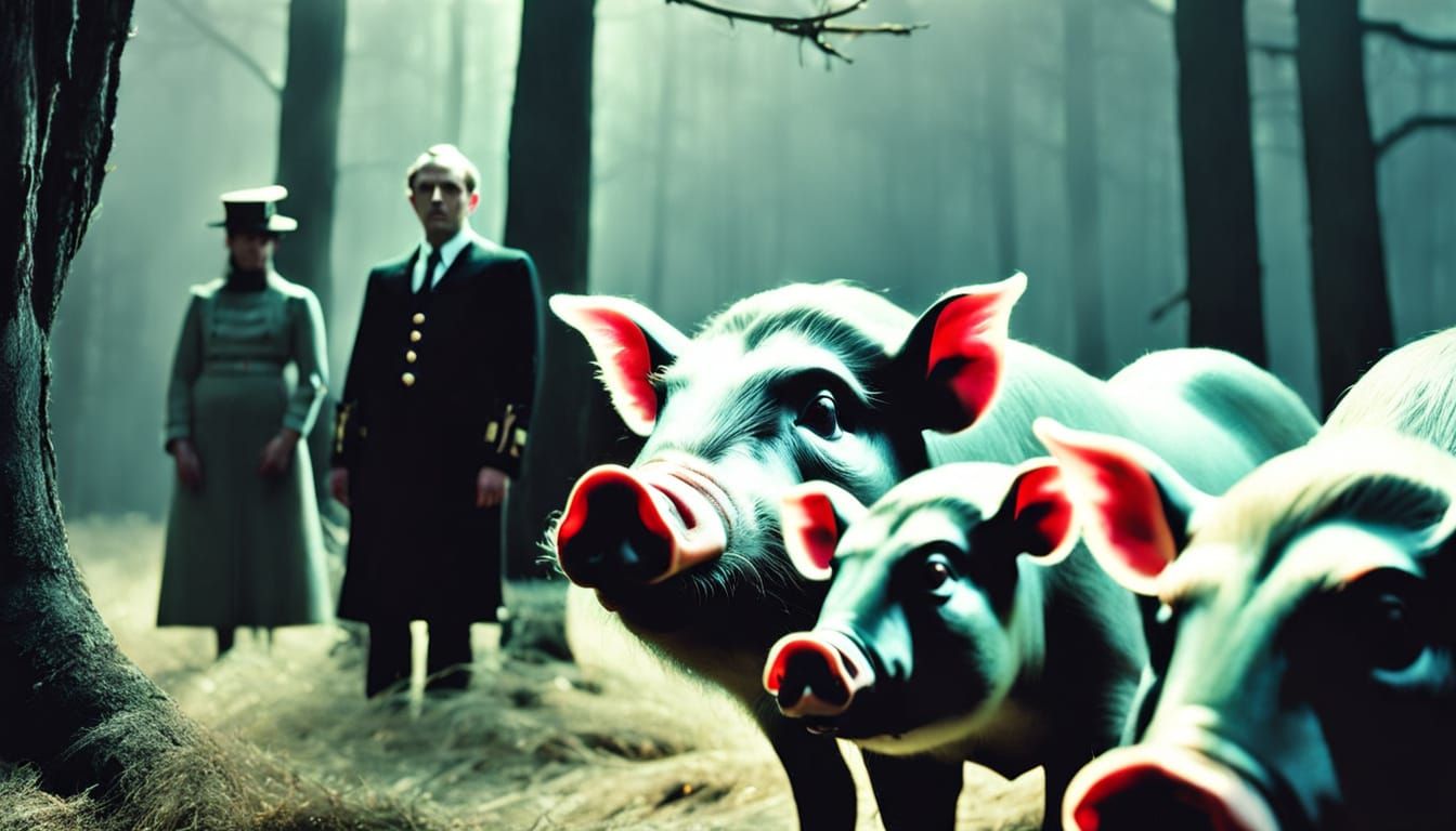 Pig in Tree: Cinematic Golden Hour Film Still