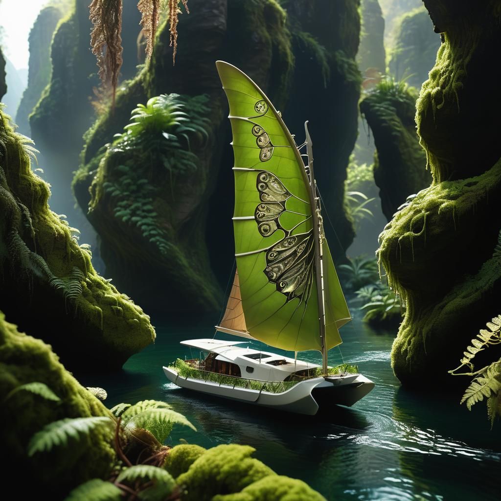 Moth-Wing Catamaran Navigating a Lush Canyon