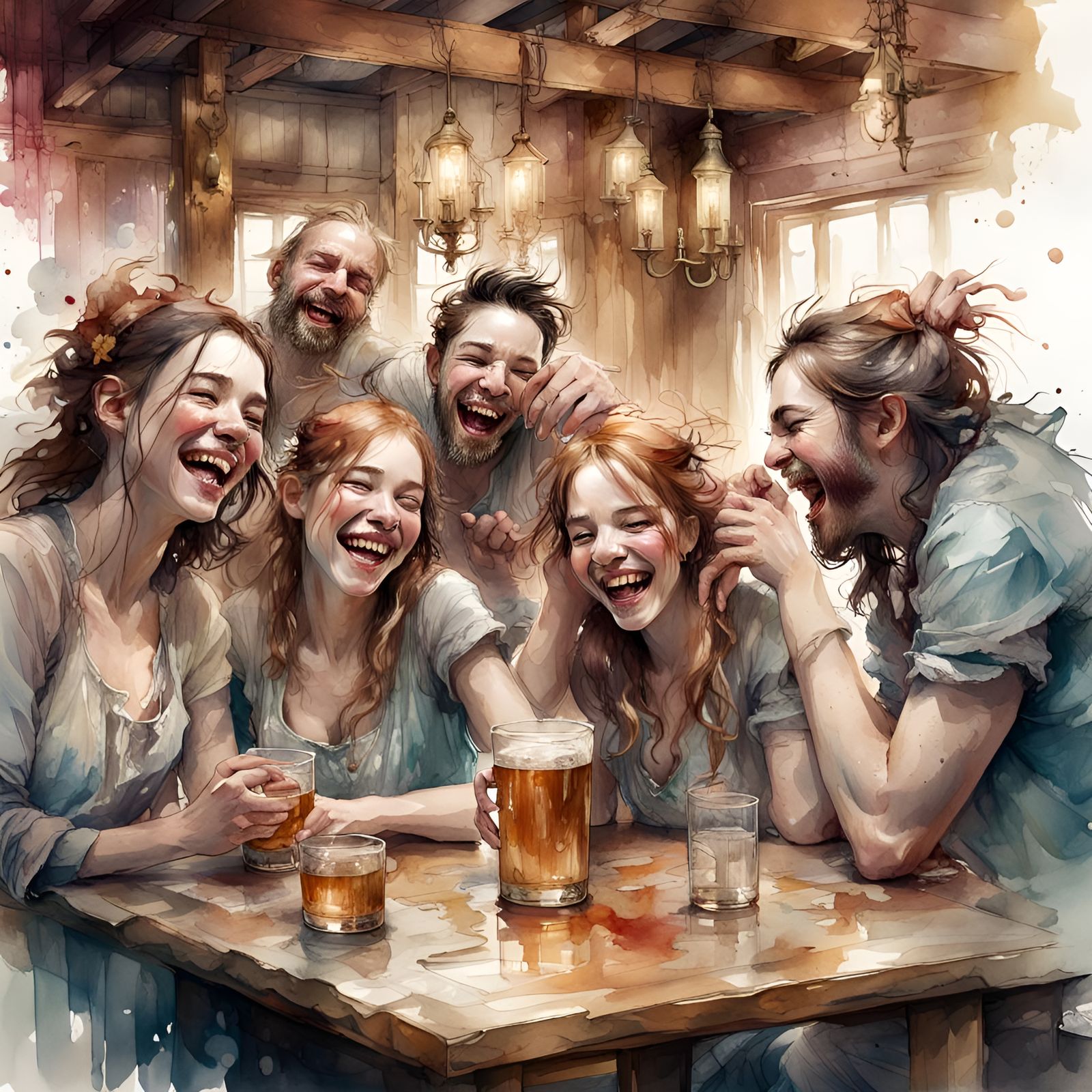 Laughing Friends in Tavern: Watercolor Digital Art