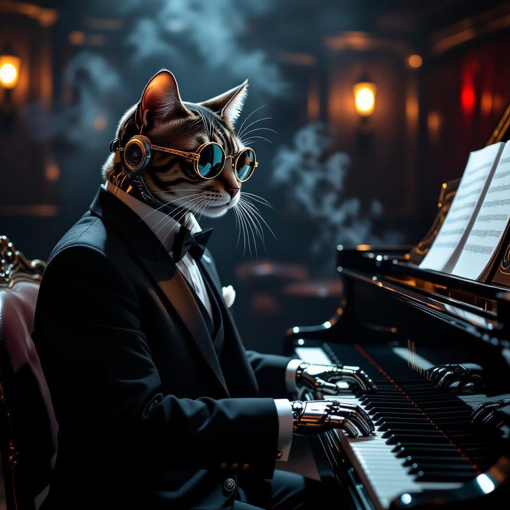 Cyborg Cat Plays Piano in Smoky Jazz Club