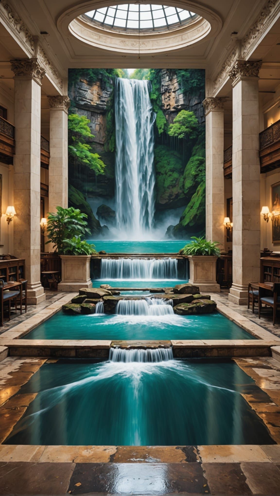 Waterfall Overflowing in Reading Room