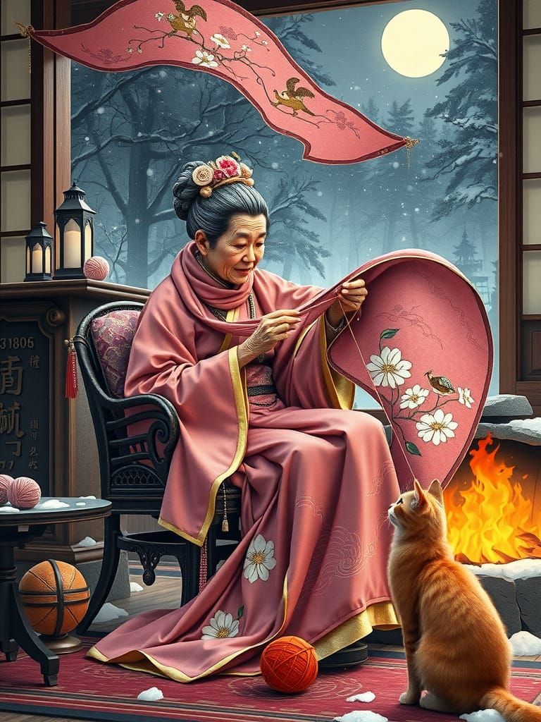 Steampunk Robot Geisha Samurai Knitting in Ink Scroll Style