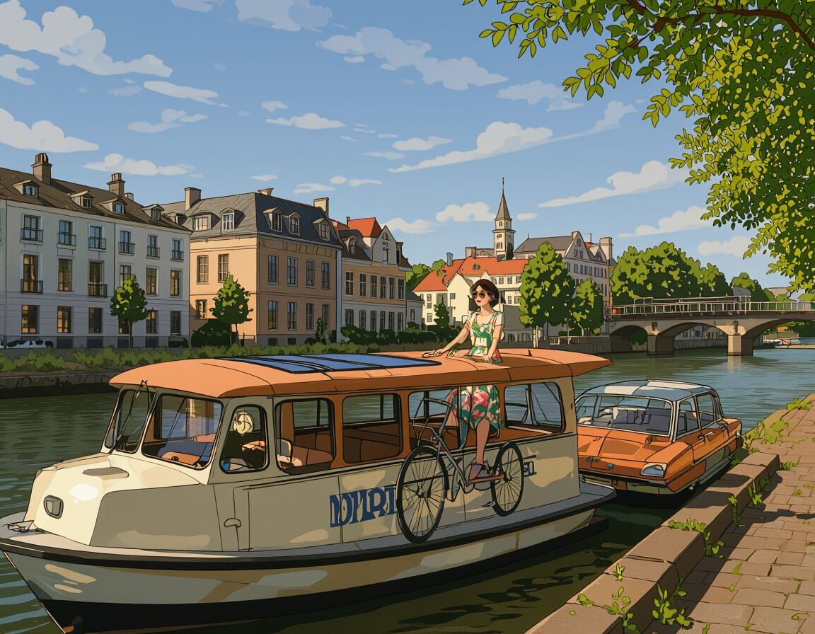 Woman on Bicycle, Coastline Illustration in Bold Style